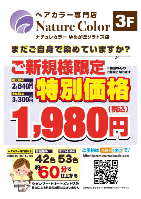 ヘアカラー専門店『ナチュレカラー』ご新規様限定特別価格のご案内